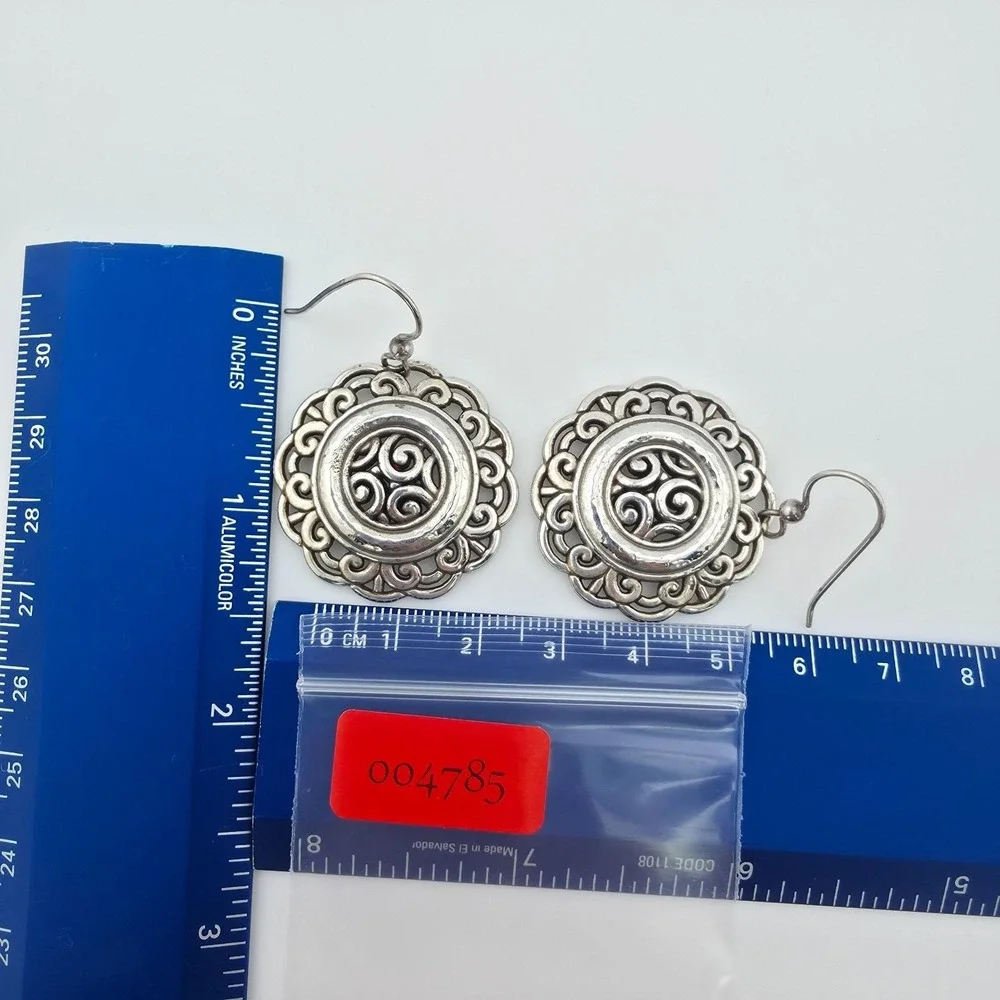 BRIGHTON 'Woodstock Moonflower' Earrings Ornate Scrollwork Silver Plate 1.5